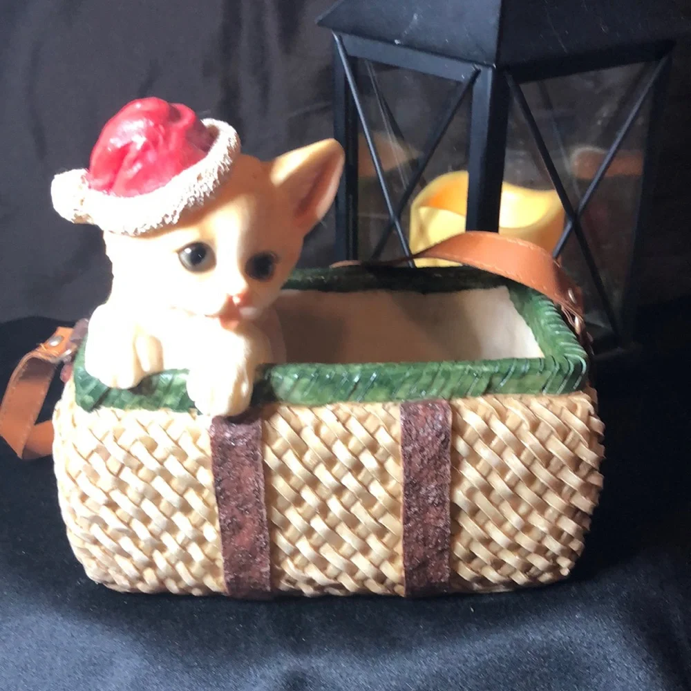 Charming Cat Figurine in Basket with Red Hat